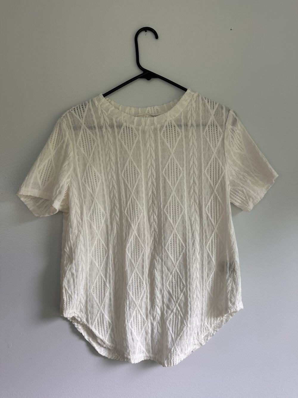 SHEIN Size Medium Cream Sheer Button Back Aztec Print Top Short Sleeve
